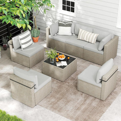 7-Piece Outdoor Sectional Sofa Set, Weather-Resistant Patio Furniture Set with Washable Cushions and Coffee Table, Grey Rattan Patio Conversation Set for Poolside, Backyard, Deck (Grey)1