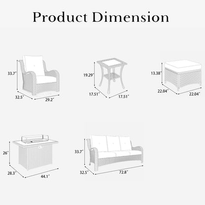 7 Pieces Outdoor Patio Furniture Set with Fire Pit Table, Rattan Wicker Sectional Swivel Rocker Chairs Sets with Ottomans, Swivel Glider Chairs and Coffee Table8