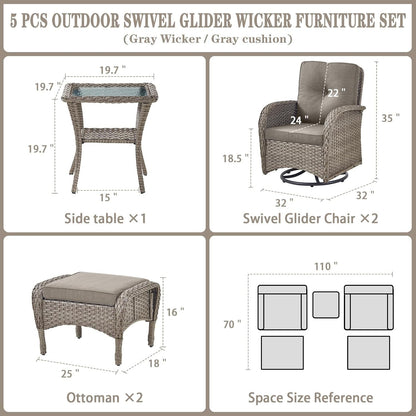 5 Piece Swivel Rocker Glider Outdoor Chairs Set of 2 with Ottoman and Glass Side Table Patio Bistro Furniture Set, Comfort High Back Wicker Patio Conversation Set for Deck Porch Sunroom2