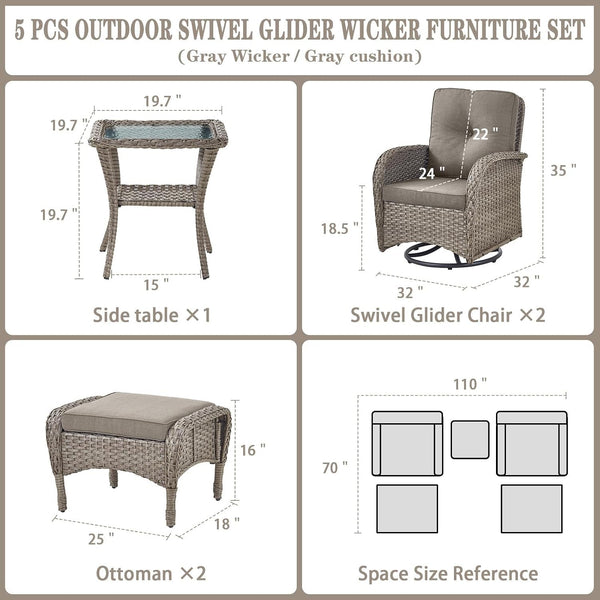 5 Piece Swivel Rocker Glider Outdoor Chairs Set of 2 with Ottoman and Glass Side Table Patio Bistro Furniture Set, Comfort High Back Wicker Patio Conversation Set for Deck Porch Sunroom2