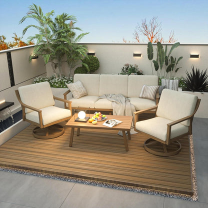4-Piece Outdoor Patio Furniture Set for 5, Aluminum Outdoor Conversation Set Includes 1 Three-Seater Sofa, 2 Swivel Chairs, and 1 Coffee Table, Perfect for Porch, Deck, Garden, (Beige)2