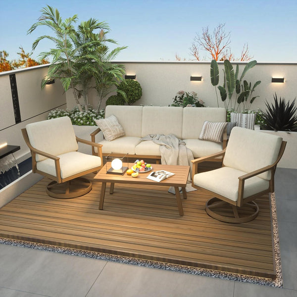 4-Piece Outdoor Patio Furniture Set for 5, Aluminum Outdoor Conversation Set Includes 1 Three-Seater Sofa, 2 Swivel Chairs, and 1 Coffee Table, Perfect for Porch, Deck, Garden, (Beige)2