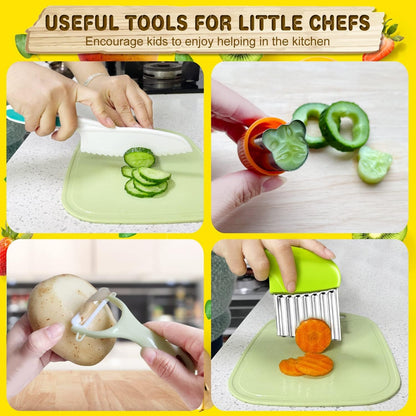 9 Pcs Kids Kitchen Knife Set, Kids Knives for Real Cooking with Cutting Board, Y Peeler, Crinkle Cutter, Sandwich Cutter, Serrated Edges Plastic Toddler Knife Kid Safe Knives2