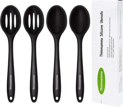 Silicone Cooking Spoon, Nonstick Kitchen Spoons for Cooking, Slotted and Solid Serving Spoon Heat Resistant, Silicone Mixing Spoons Basting for Nonstick Cookware 4 Pack1