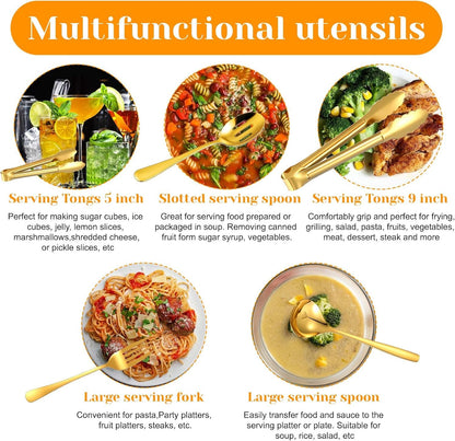 12 Pieces Gold Serving Utensils, Stainless Steel Cooking Utensils Set, Include Serving Spoons, Slotted, Spoons, Forks, 2 Sizes Tongs, Soup Ladle and Pie Cake Server for Kitchen Restaurants Buffet3