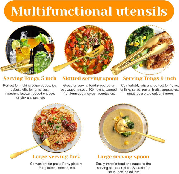 12 Pieces Gold Serving Utensils, Stainless Steel Cooking Utensils Set, Include Serving Spoons, Slotted, Spoons, Forks, 2 Sizes Tongs, Soup Ladle and Pie Cake Server for Kitchen Restaurants Buffet3