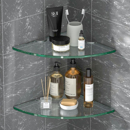 Corner Glass Shower Caddy 2 Pack 8Mm-Thick Tempered Glass Shelf No Drilling Wall Mount Corner Mounted Shelves Space Saver Adhesive Bathroom Home Shelf Shampoo Holder Organizer Strong Adhesion8