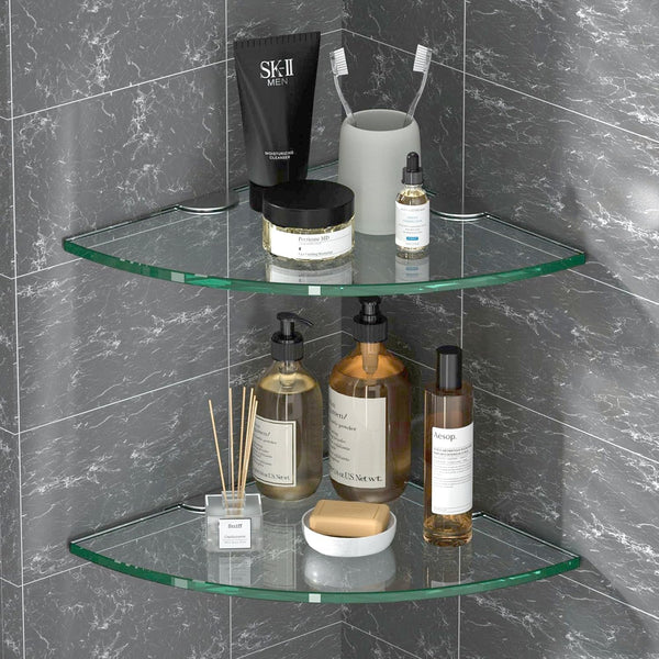Corner Glass Shower Caddy 2 Pack 8Mm-Thick Tempered Glass Shelf No Drilling Wall Mount Corner Mounted Shelves Space Saver Adhesive Bathroom Home Shelf Shampoo Holder Organizer Strong Adhesion8