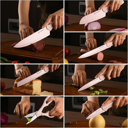 Kitchen Knife Set, 13 PCS Pink Non-Stick Knives with 6 Blade Guards | Stainless Steel Blades, Pink Nonstick Coating, Long-Lasting Sharpness, Rust-Resistant, Non-Slip, Dishwasher Safe5