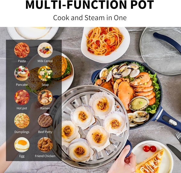 3-Quart Electric Hot Pot & Wok Nonstick with Steamer | Electric Skillet 1200W for Dorm, Home, Gifts (Includes Silicone Spatula) Multi-Cooker4