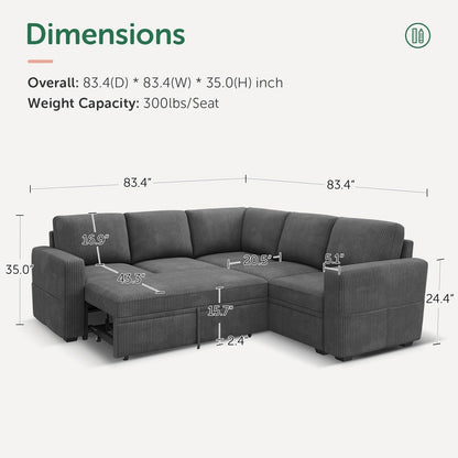 Modular Sectional Sleeper Sofa with Pull Out Bed, Corduroy L Shaped Couch with Storage Seats, Convertible Sectional Couches for Living Room, Dark Grey2