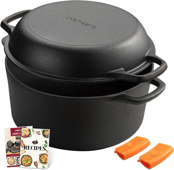 7QT Double Dutch Oven - 2-In-1 Pre-Seasoned Cast Iron Pot & Recipe | Skillet Lid Doubles as Frying Pan, Heavy Duty Cast Iron Pot with Handle Covers, for Sourdough Baking Frying Outdoor Camping1