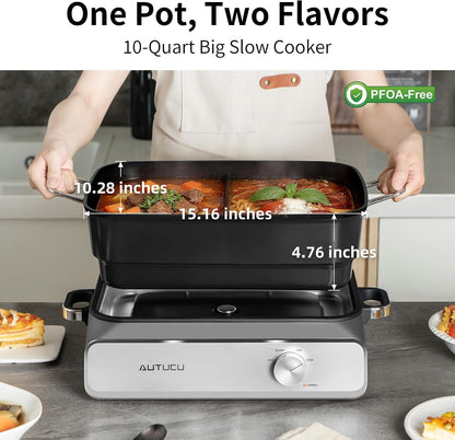 Slow Cooker 10 Quarts (2 X 5 Quarts) Pfoa-Free Ceramic Coating | Adjustable Temp Oven Safe to 450°F | Keep Warm Function for Large Family Gatherings (Includes Silicone Spoon)2