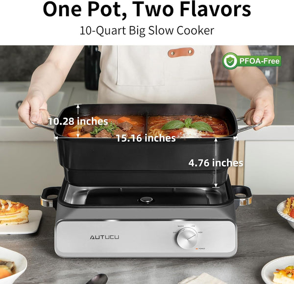 Slow Cooker 10 Quarts (2 X 5 Quarts) Pfoa-Free Ceramic Coating | Adjustable Temp Oven Safe to 450°F | Keep Warm Function for Large Family Gatherings (Includes Silicone Spoon)2