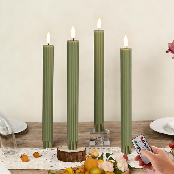 Olive Green Ribbed Flameless Taper Candles with Remote Set of 41