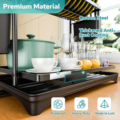 Dish Rack, Dish Drying Rack 2 Tier, Stainless Steel Dish Drainers with Utensil Holder and Drainboard for Kitchen Sink Organizers, 11.875" W X 16.625" D, Black6