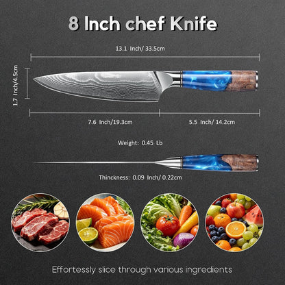 Damascus High Carbon Chefs Knife Ergonomic Handle(8In,Blueresin)4