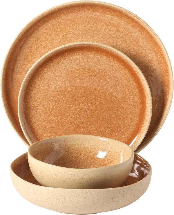 Manila Bay 16-Piece Stoneware Dinnerware Set, Service for 4, Reactive Glaze Modern Artisan Plates, Bowls & Mugs, Assorted Colors, round Design8