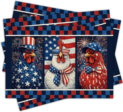 250Th Anniversary USA Placemats, Red White and Blue Chicken Placemats Set of 4, 4Th of July Kitchen Table Mats Decoration, Memorial Day Independence Day Supplies Gifts 12X18 Inch-D081
