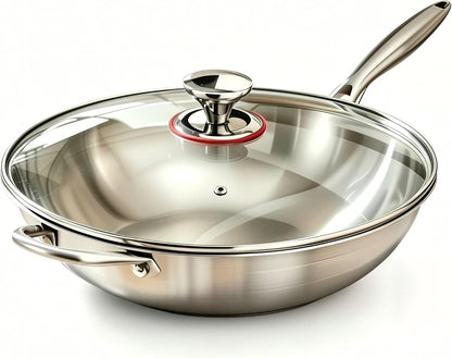 Stainless Steel 316 Wok with Glass Lid, Tri-Ply Stir Fry Pan with Handle, Induction Compatible (12.5 Inch)1