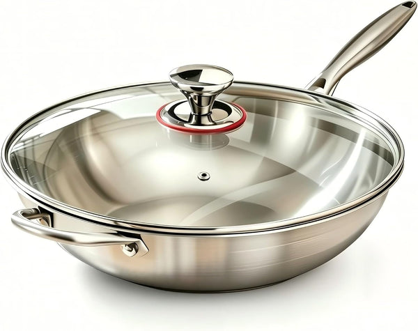 Stainless Steel 316 Wok with Glass Lid, Tri-Ply Stir Fry Pan with Handle, Induction Compatible (12.5 Inch)1