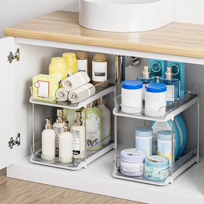 2-Tier Multi-Purpose Bathroom under Sink Organizers and Storage, Stackable Kitchen Pantry Organization, Pull Out Medicine Cabinet Organizer with Movable Dividers, White, 2 Pack5