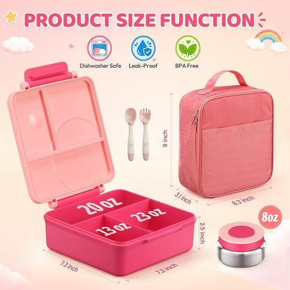 Bento Lunch Box for Girls with 8Oz Soup Thermo & Lunch Bag, Leak-Proof Lunch Food Containers with 4 Compartment, Hot Food Insulated Food Jar for Kids School (Pink)2