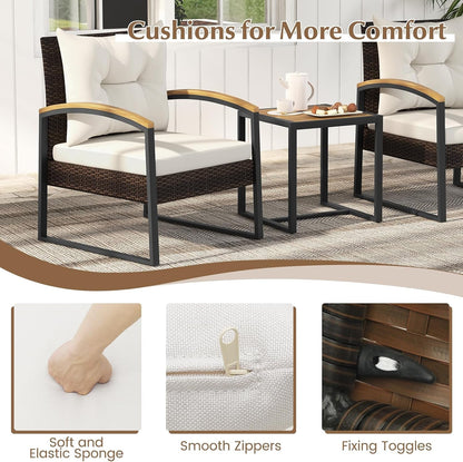 3 Piece Patio Conversation Set, Includes 2 Rattan Chairs and Coffee Table, Solid Acacia Wood Armrests & Tabletop, Outdoor Cushioned Wicker Furniture Set for Backyard, Poolside, Lawn, Garden7