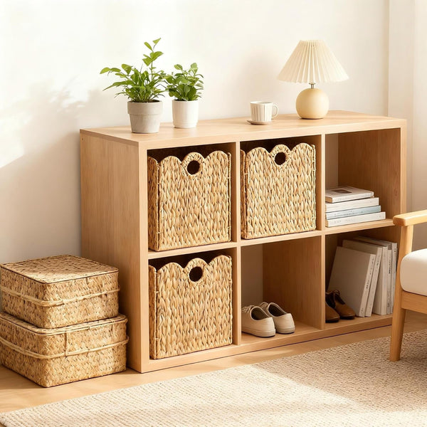 Scalloped Wicker Storage Cubes Basket, 12”X12“ Heavy Duty Paper Rope/Hyacinth/Seagrass Baskets for Shelves, Foldable Natural Boho Square Bins (Water Hyacinth&10.5 X 10.5 X 10.5In&4-Pack)4