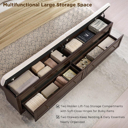 King Bed Frame W/Upholstered Headboard,Storage Bench,Walnut5