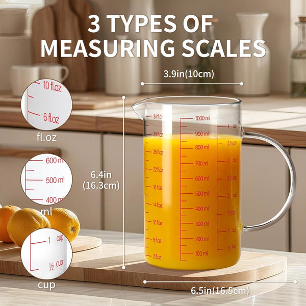 34OZ/1000ML Glass Measuring Cup, 4 Cup Glass Measuring Cups with 3 Scales (Ml/Oz/Cup), High Borosilicate Measuring Cup with Handle and V-Shaped Spout, Dishwasher/Freezer/Microwave Safe2