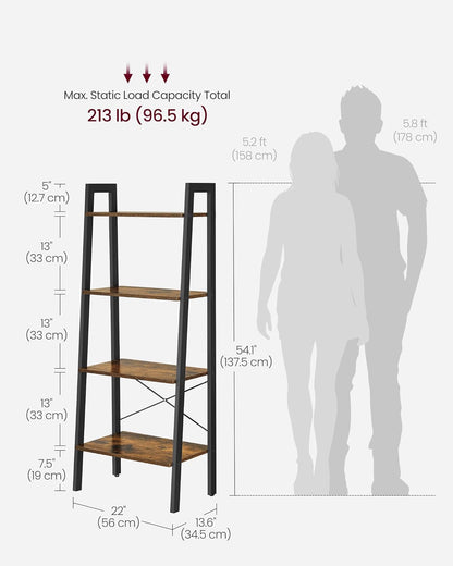 VASAGLE Ladder Shelf, 4-Tier Bookshelf, Storage Rack, Steel Frame | Bookcase, Living Room, Home Office, Kitchen, Bedroom, Rustic Brown and Matte Black, BARNET Collection ULLS44X3