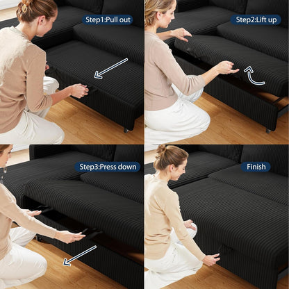 70'' Sleeper Sofa Bed with Storage, Convertible Pull Out Couch Futon for Living Room, Apartment, Corduroy Fabric L Shaped Sectional Sofa Pull-Out Bed, Black5