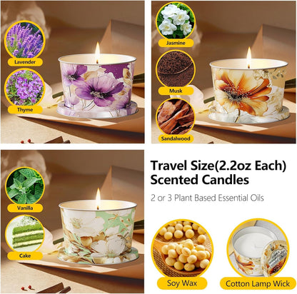 3 Pack Scented Candles-Lavender & Thyme, Vanilla Cake, Jasmine & Musk & Sandalwood, Travel Tin Candle Set, 2.2Oz Each, 8-10H Burn Time, Soy Wax, Cotton Wick2