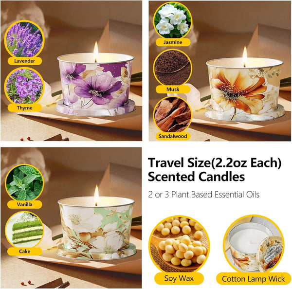 3 Pack Scented Candles-Lavender & Thyme, Vanilla Cake, Jasmine & Musk & Sandalwood, Travel Tin Candle Set, 2.2Oz Each, 8-10H Burn Time, Soy Wax, Cotton Wick2