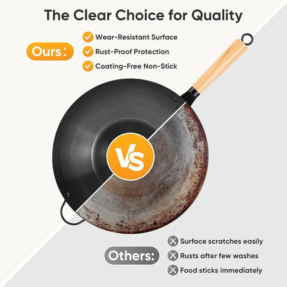 13.5" Carbon Steel Wok Pan, Pre-Seasoned Flat Bottom Wok for Stir Fry, BBQ, Grill & Camping, Compatible with Induction, Electric, Gas and Open Fire, Black6