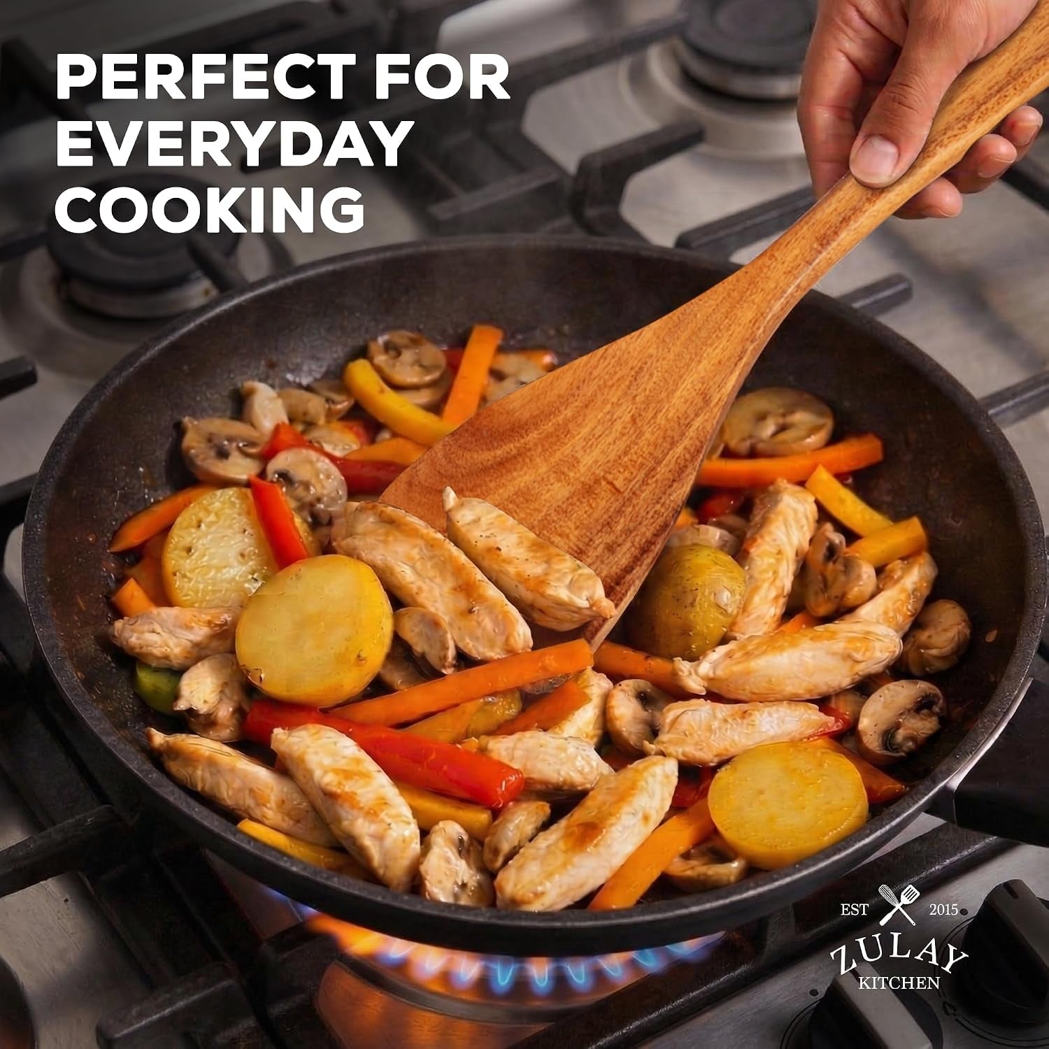 extra-large-6-piece-wooden-spoon-set-smooth-teak-cooking-utensils-comfort-grip-non-stick-turner-spatula-skimmer-fork-serving-spoon