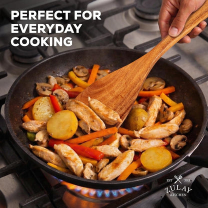 Extra-Large 6-Piece Wooden Spoon Set - Smooth Teak Cooking Utensils - Comfort-Grip Non-Stick Turner, Spatula, Skimmer, Fork, Serving Spoon6