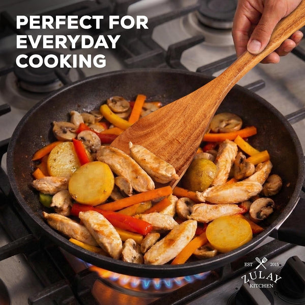 Extra-Large 6-Piece Wooden Spoon Set - Smooth Teak Cooking Utensils - Comfort-Grip Non-Stick Turner, Spatula, Skimmer, Fork, Serving Spoon6