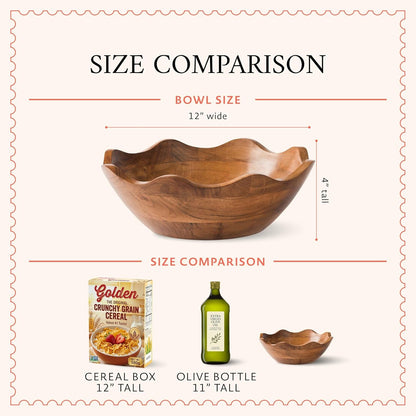 Premium Scalloped Acacia Bowl - Natural Finish, 12In Wide × 4In Height9
