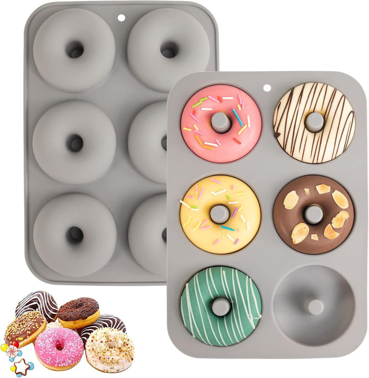 Non-Stick Silicone Donut Pan for 6 Doughnuts, Bpa-Free, 2-Pack Grey | Food Grade LFGB Silicone Bagels Baking Mold, Dishwasher Safe, Heat Resistant and Microwave Safe