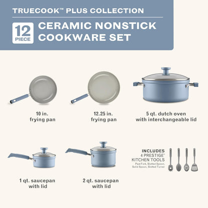 Truecook Ceramic plus Induction-Ready, Dishwasher Safe 12-Piece Cookware Set Steel Blue2