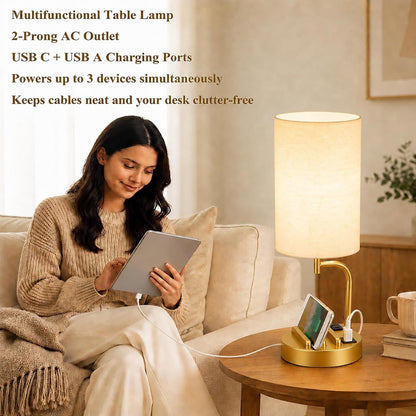 Touch Control USB Table Lamp with USB C/A & AC Outlet, 3-Way Dimmable Bedside Lamp, Modern Nightstand Lamps for Bedroom Living Room Guest Room Office, Bulb Included, Gold7