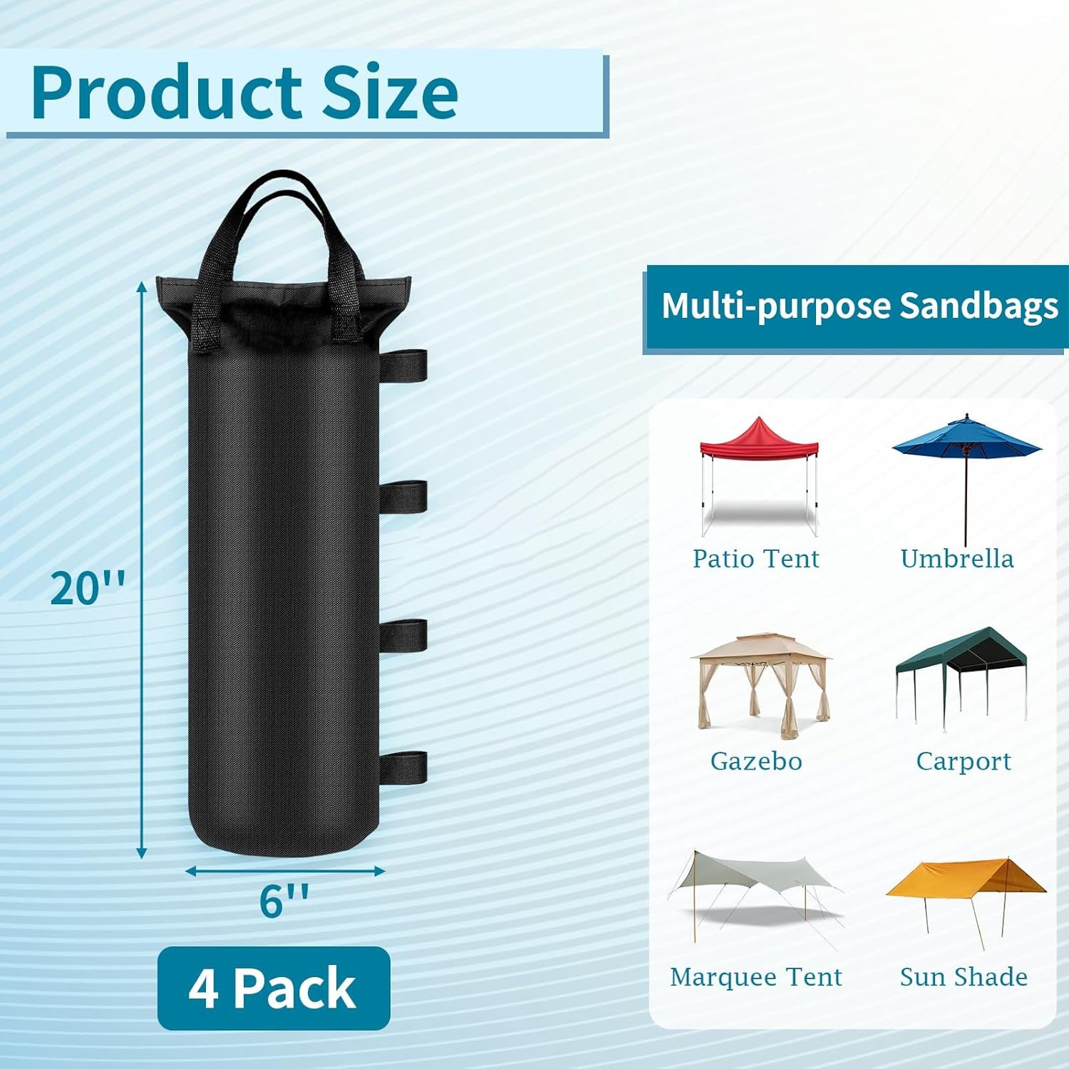 4-pack-sand-bags-6x20-inch-heavy-duty-for-canopy-tent-weights-holds-26-lbs-each-800d-oxford-cloth-with-waterproof-coating-and-hook-and-loop-straps