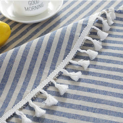 round Tablecloth Stripe Tassel Table Cloth Cotton Blend Dust-Proof Table Cover for Dining Circle Coffee Side End Card Tables, Parties Holiday Indoor Outdoor Use (Blue/White Stripes, 60 Inch)4