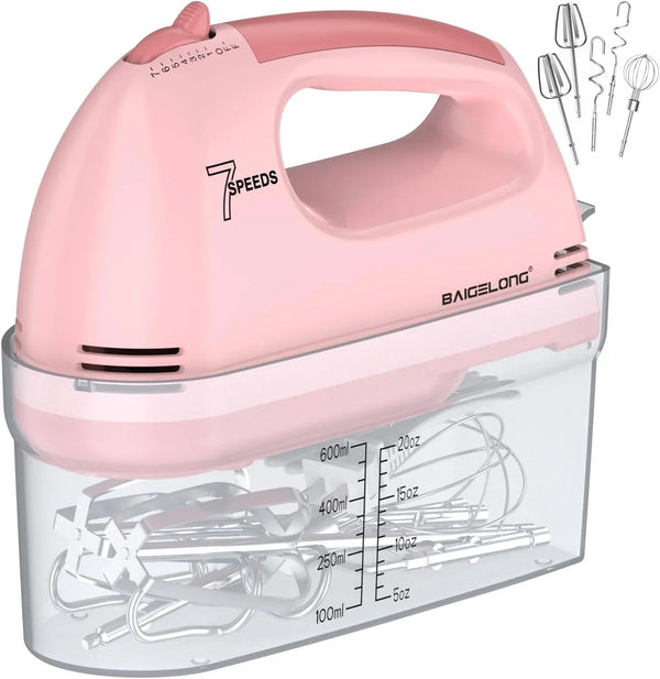 Hand Mixer. 7-Speed Adjustable Kitchen Electric Mixer. with 5 Stainless Steel Attachments: 2 Hooks, 2 Beaters, 1 Whisk. Comes 1 Storage Box. Perfect for Bakers and New Starters. Pink1