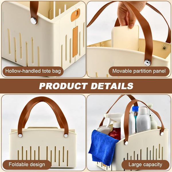 Portable Shower Caddy with Cleaning Sponge, Foldable Shower Storage Basket with Handle and Adjustable Divider, Quick Dry Bathroom Organizer Bin for Bathroom,Dorm,College,Camp,Travel(Color:Cream)4