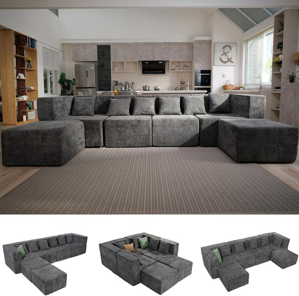 Modular Sectional Cloud Couch for Living Room - 130'' 6 Seater Convertible Chenille Couches Set with Ottoman, No Assembly Compression Sofas, Comfy Floor Sofa with Memory Foam, Grey1