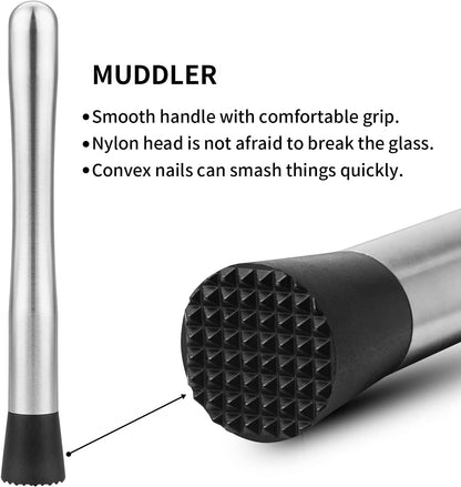 2PCS 10" Stainless Steel Cocktail Muddler & Mixing Spoon for Bar | Long Handle Design, Ideal for Mojitos & Fruit Drinks, Sturdy & Rust Proof, Essential Bar Tools for Home & Professional Use3