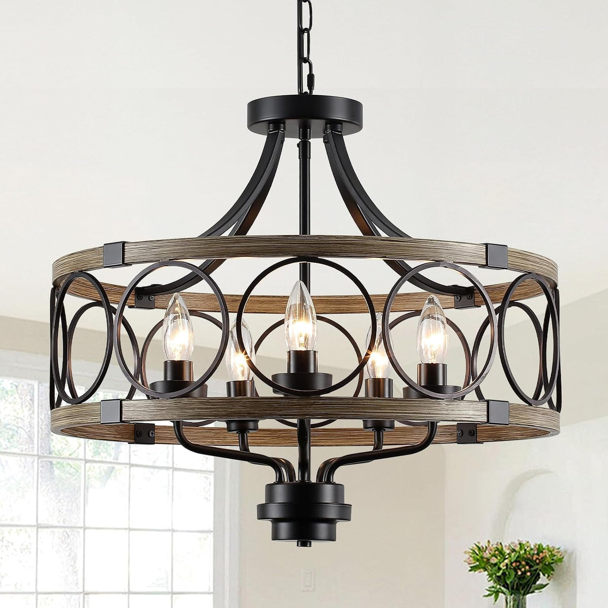 rustic-drum-chandelier-5-light-black-and-imitation-wood-farmhouse-ceiling-light-fixture-round-wood-grain-finish-adjustable-height-for-dining-room-hallway